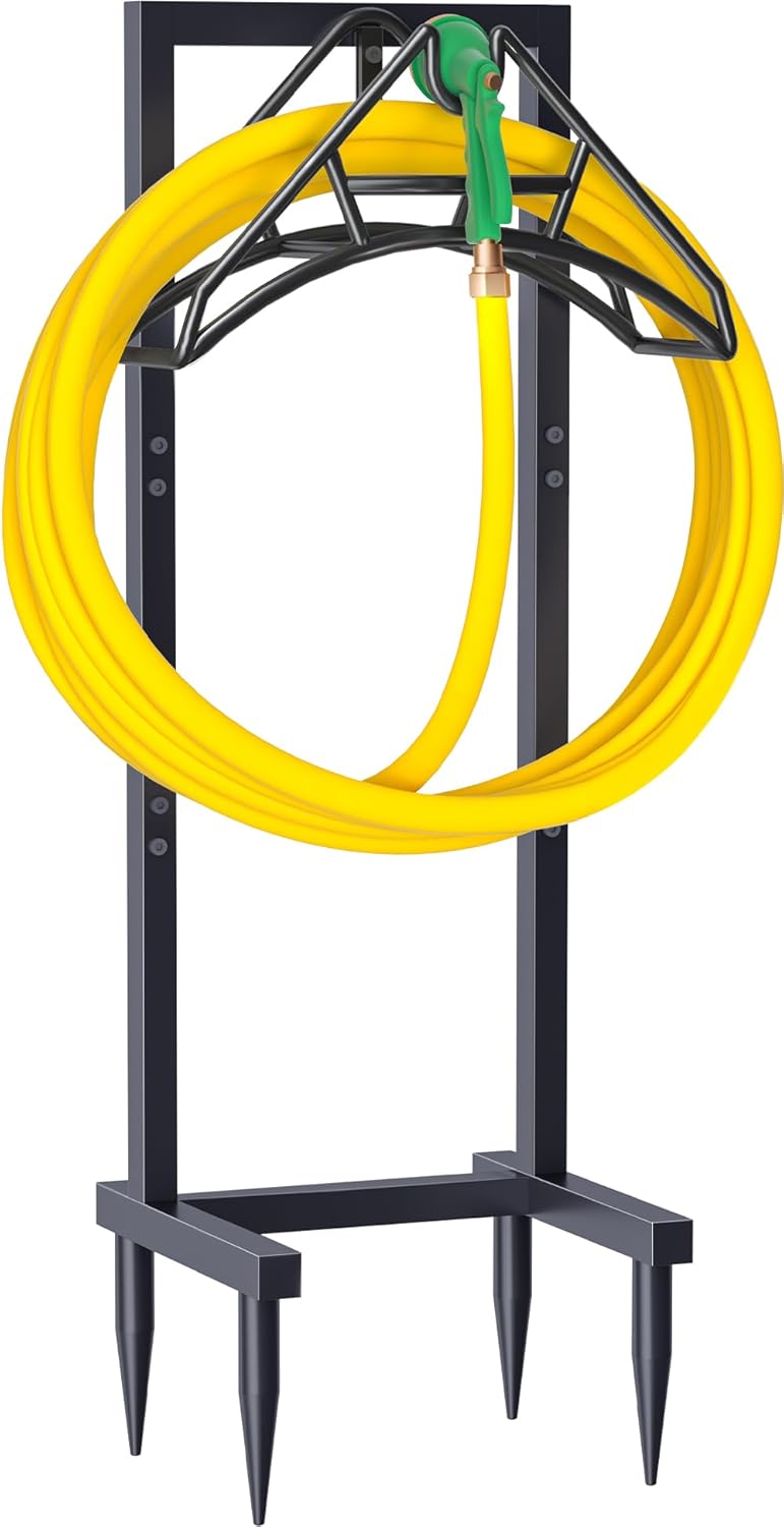 Outdoor Garden Hose Holder Freestanding with 4 Spikes, Heavy Duty Metal Water Hose Reel Stand Hanger Rack Organizer Holds Storage 150ft Hose for Outside Yard Lawn, Black