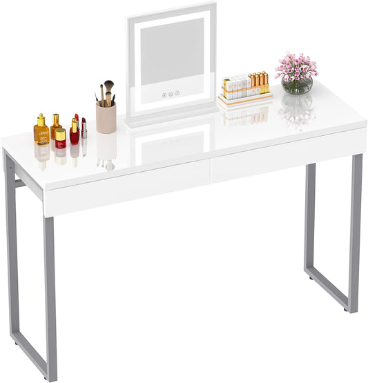 NEW w/ dmg - GreenForest Vanity Desk with 2 Drawers Glossy White 39 inch Modern Home Office Computer Desk Makeup Dressing Console Table with Metal Silver Legs for Small Spaces,Silver - Retail $159