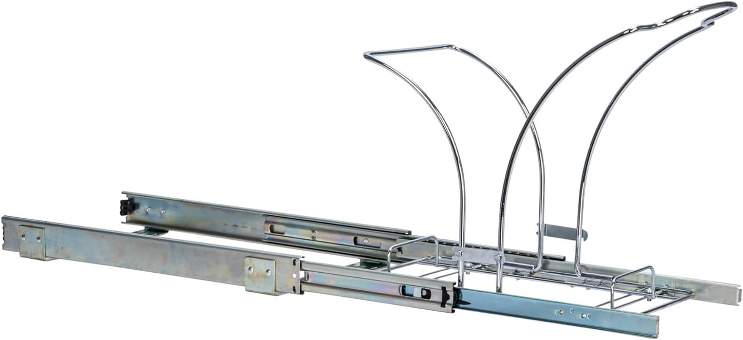 NEW - Household Essentials Glidez Chrome-Plated Steel Pull-Out/Slide-Out Discreet Single 5 Gallon Plastic Trash Can for Under Cabinet Use - Fits Standard Size Cabinet, Chrome and White - Retail $53