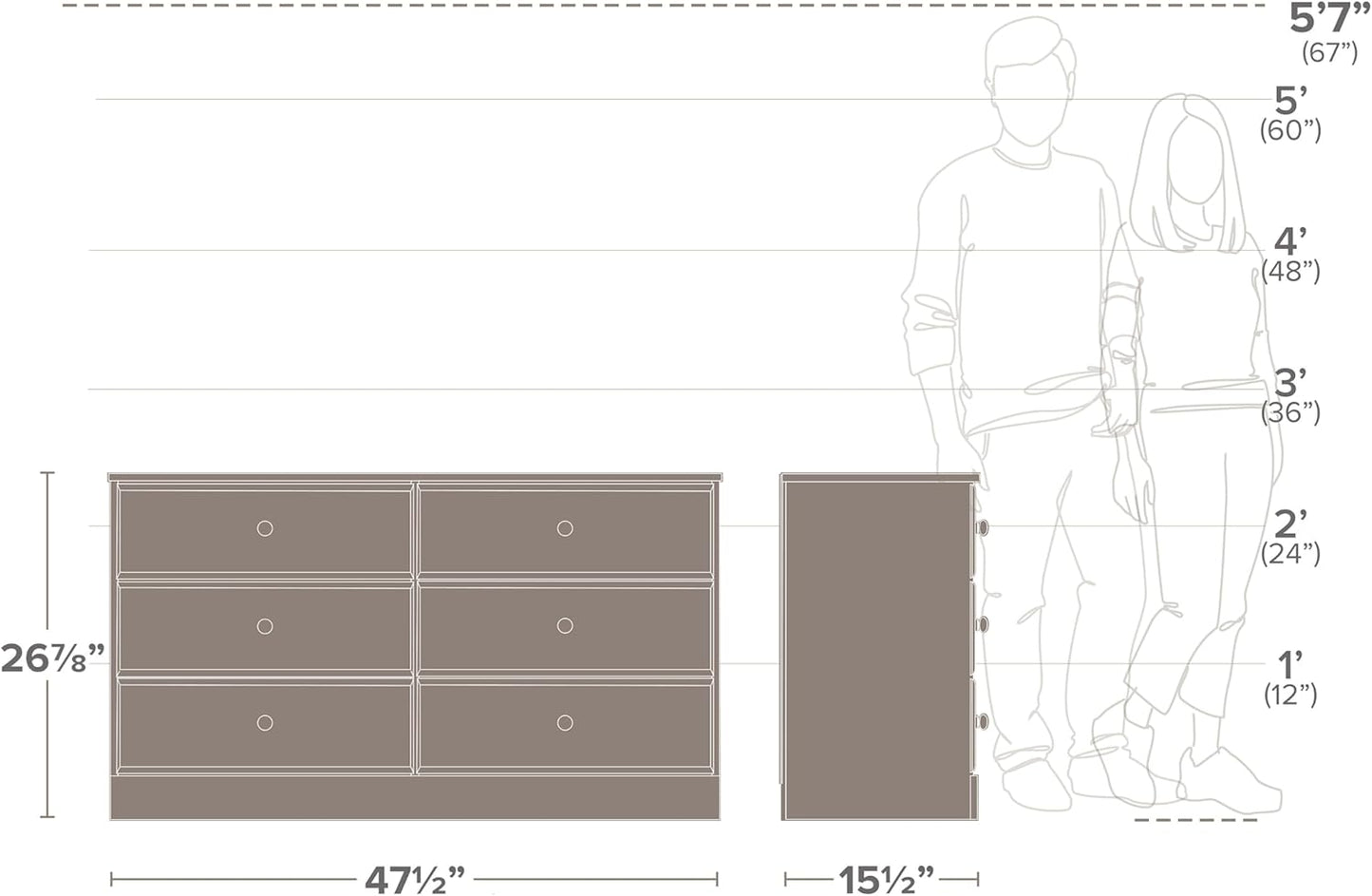 NEW - Prepac Astrid 6 Drawer Double Dresser for Bedroom, Wide Chest of Drawers, Bedroom Furniture, Clothes Storage and Organizer, 15.5" D x 47.5" W x 26.85" H, White - Retail $170