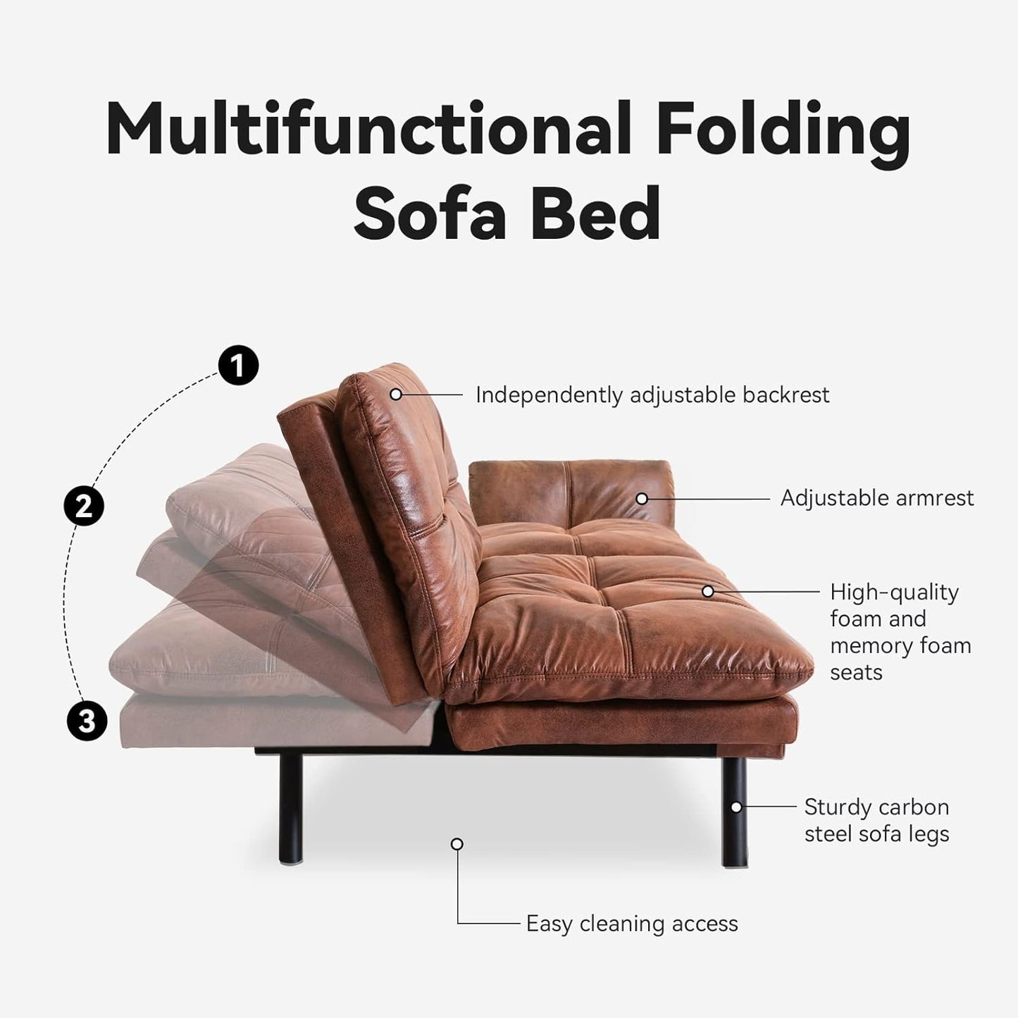 Opoiar Futon Sofa Bed, Memory Foam Couch Bed with Mattress and Frame Included,Comfortable Brown Faxu Leather Loveseat Sleeper Sofa for Dorm Apartment Office College Small Space Bedroom RV Living Room - Retail $381
