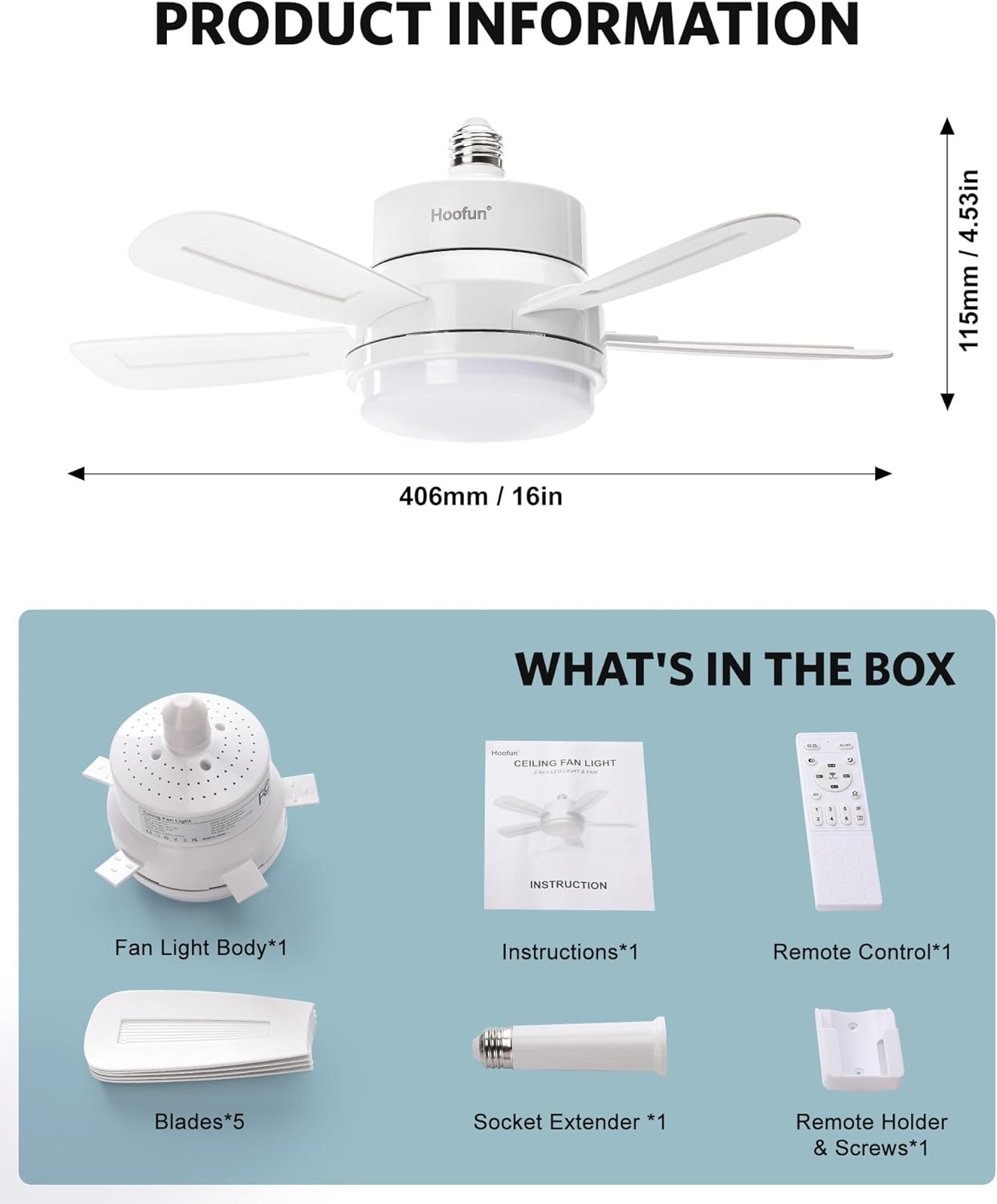 15.7" Socket Fan with Light and Remote, 3000K-6500K, 1700LM, Wireless Screw in Light Socket Fan for Bedroom, Kitchen, Living Room, Garage, E26 Base