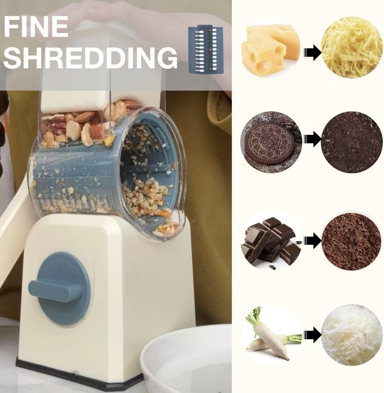 rotary cheese grater slicer with handle and suction base, stainless steel mandoline slicer with large barrel, vegetable potato slicer, nut grinder, carrot shredder, chopper, cutter