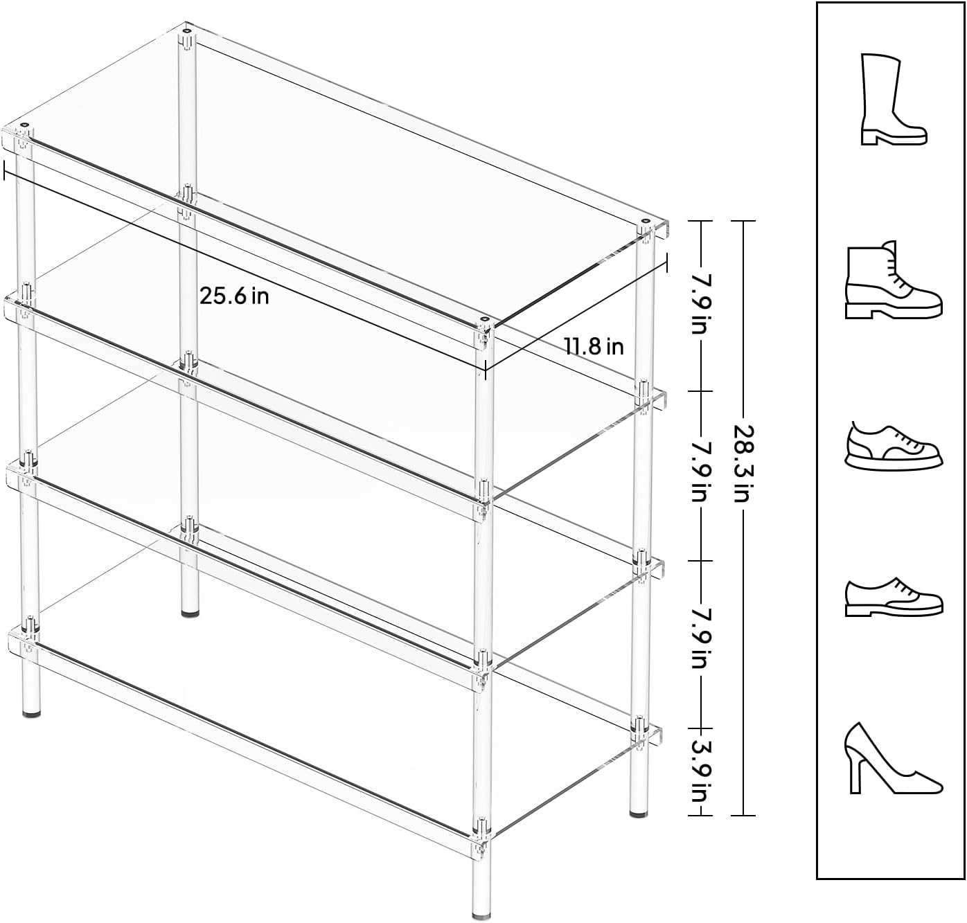 Aquiver 4-Tier Acrylic Shoe Rack - Shoe Rack Organizer - Modern Shoe Storage Shelf, Holds 12-16 Pairs of Shoes for Entryway, Closet - 25.6'' L x 11.8'' W x 28.3'' H, Clear, Easy Assembly & Clean - Retail $90