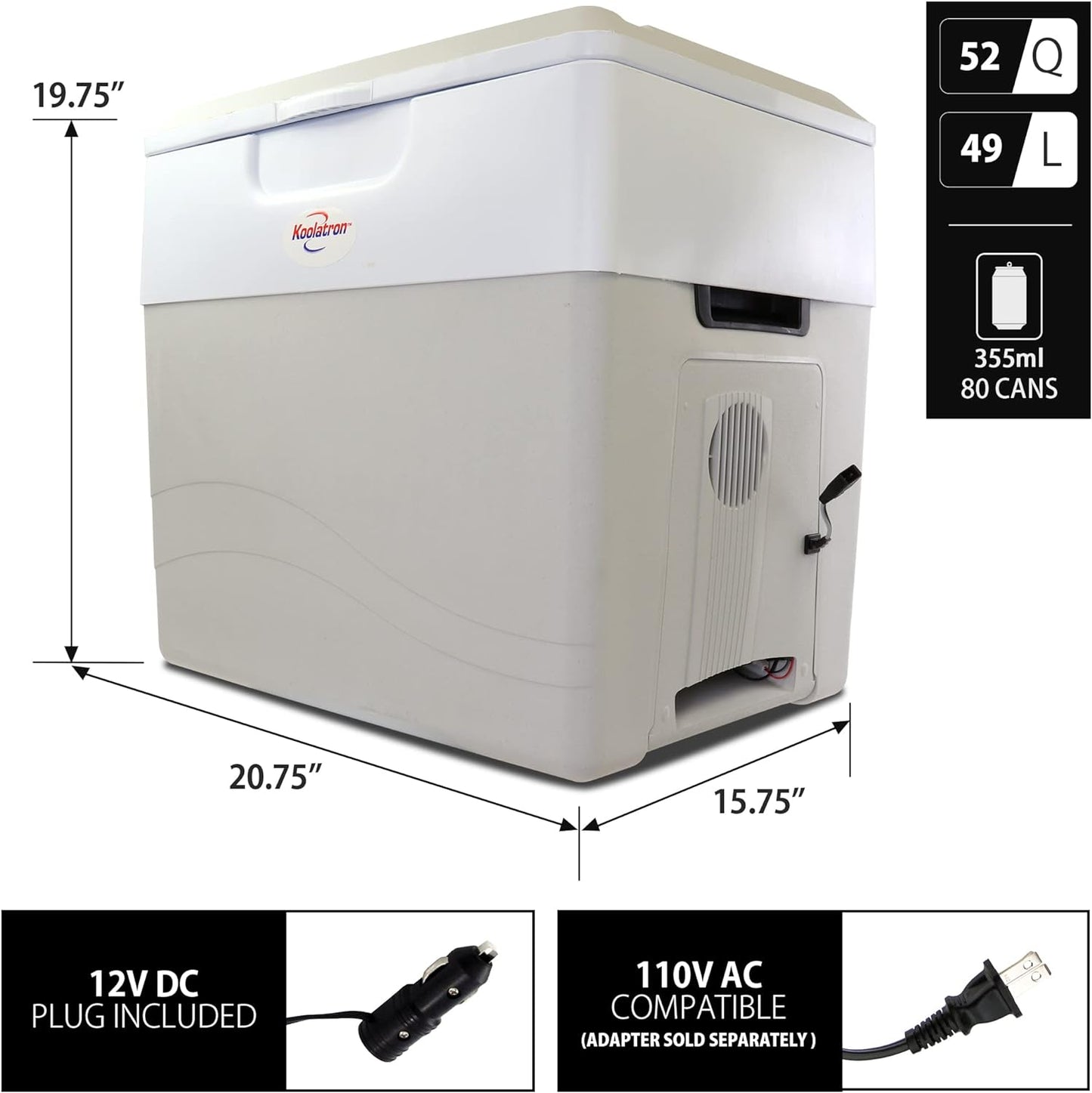 NEW - Koolatron Electric Portable Cooler Plug in 12V Car Cooler/Warmer 49 qt (52 L), No Ice Thermo Electric portable Fridge for camping, Travel Road Trips Trucking with 12 Volt DC Power Cord, Gray/White. - Retail $190