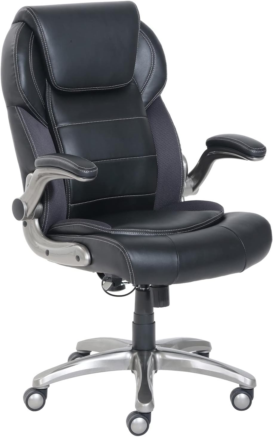 NEW - Amazon Basics Ergonomic High-Back Bonded Leather Executive Chair with Flip-Up Arms and Lumbar Support, Black (Previously Amazon Commercial brand) - Retail $189