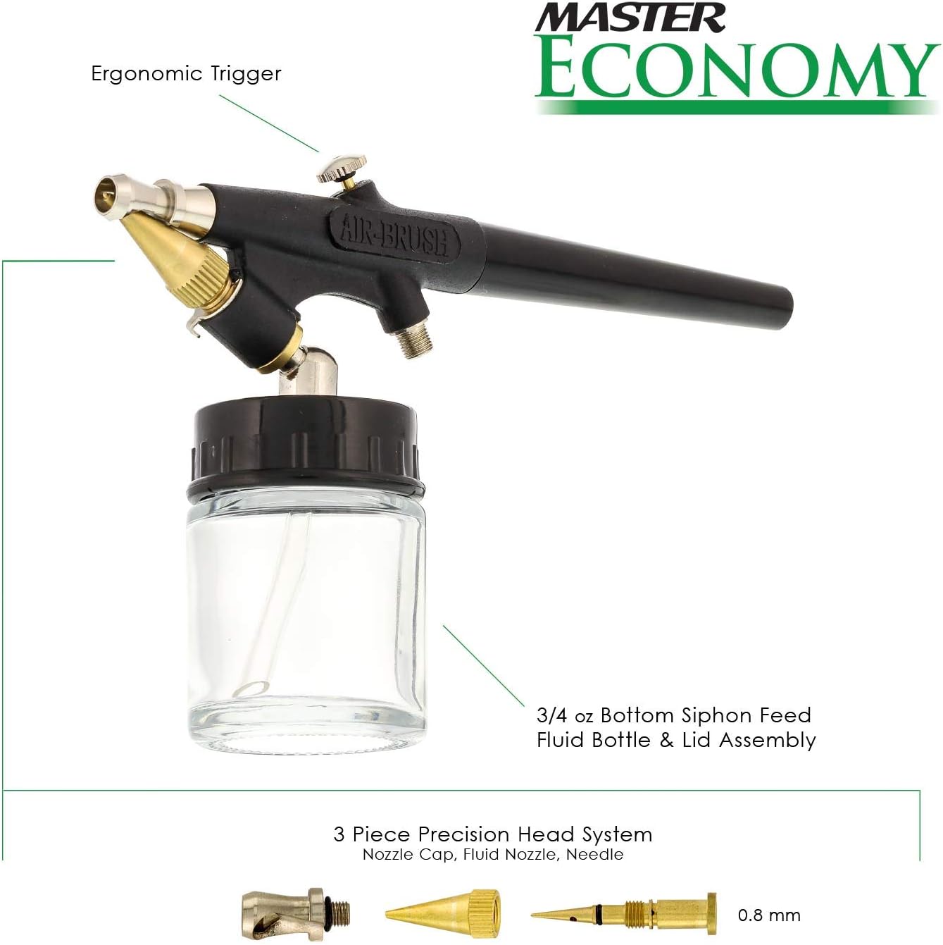 Master Airbrush Model E91 Airbrush Set Master Single-Action External Mix Siphon Feed Airbrush Set with 0.8mm Tip and 1/8" air inlet