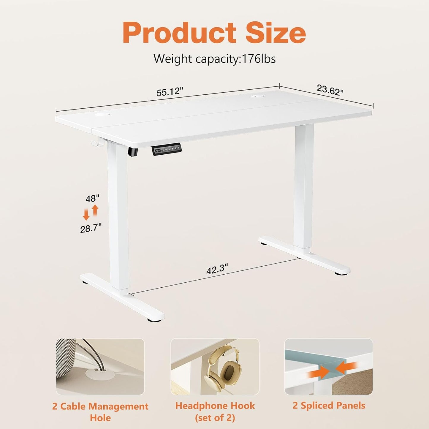 Sweetcrispy Electric Standing Desk - 55 x 24 inch Adjustable Height Sit to Stand Up Desk with Splice Board, Rising Home Office Computer Table with 2 Hook and Wire Hole for Work - Retail $139