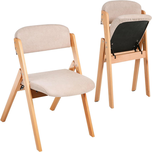 NEW - Kigley 2 Pack Folding Chairs with Padded Seats and Removable Cover, Wooden Foldable Dining Chairs Stackable Padded Single Folding Chairs for Home Office Wedding Party Events Indoor (Khaki) - Retail $197