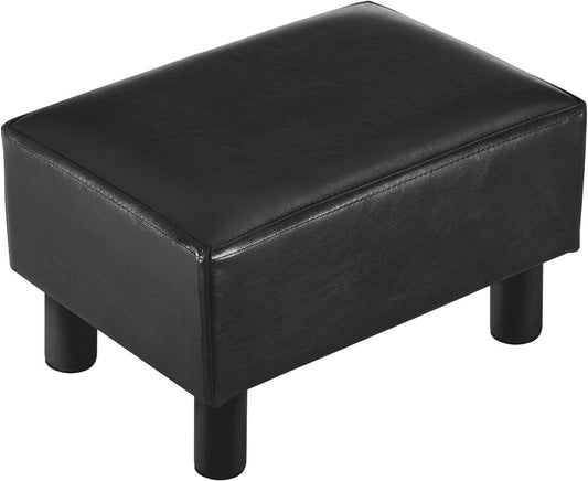 NEW - 16 inches Footstool Ottoman with 4 Stable Wooden Legs, Small Under Desk Footrest, Black PU Faux Leather Step Stool with Padded Seat for Living Room Bedroom - Retail $35