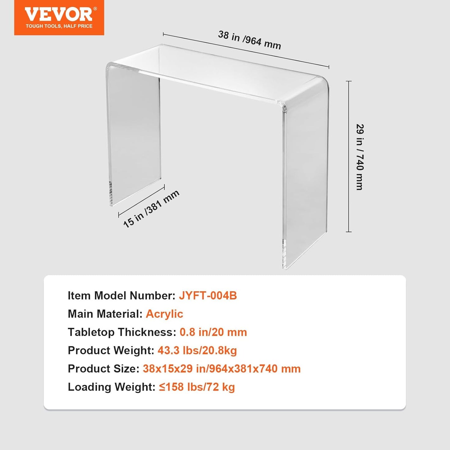NEW - VEVOR Acrylic Console Table, Clear Acrylic End Table, Transparent Acrylic Side Table 38.2x15x29.3 inch, for Foyer, Living Room, Dining Room - Retail $294