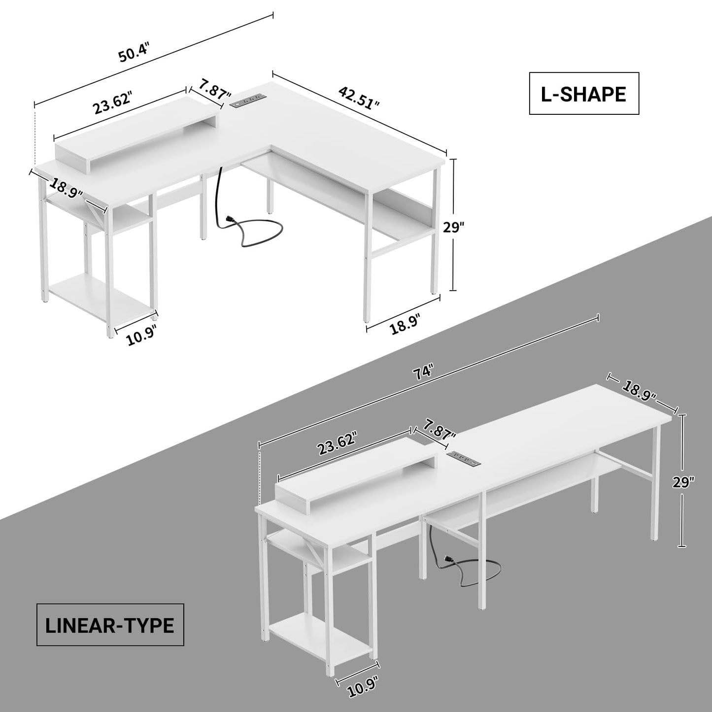 NEW - Unikito Reversible L Shaped Computer Desk with Power Outlets and Monitor Stand, Sturdy Corner Desk with RGB LED Light and Storage Shelves, Modern Work Desk for Home Office, Easy to Assemble, White