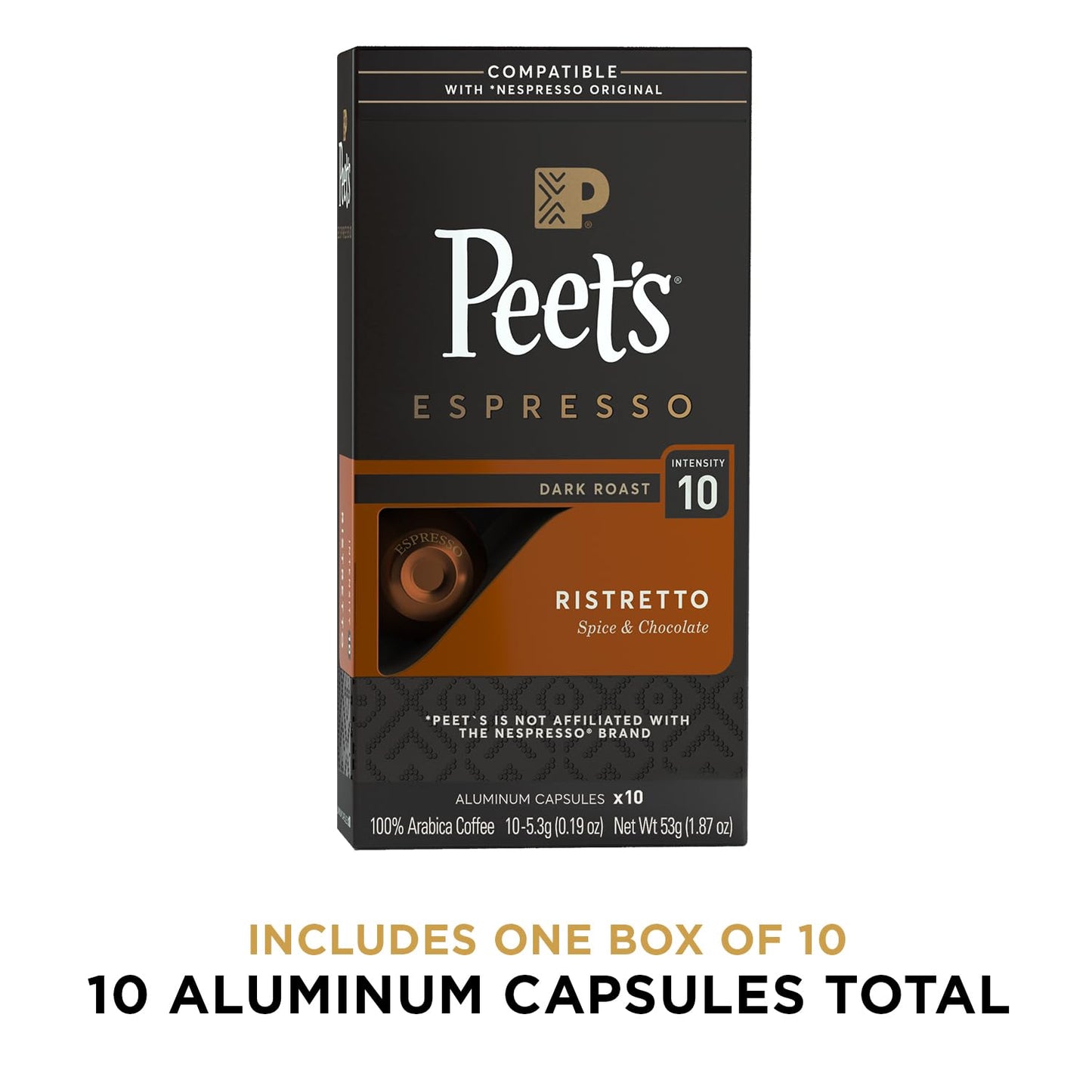 Peet's Coffee, Dark Roast Espresso Capsules, Compatible with Nespresso Original Machine - Ristretto Intensity 10