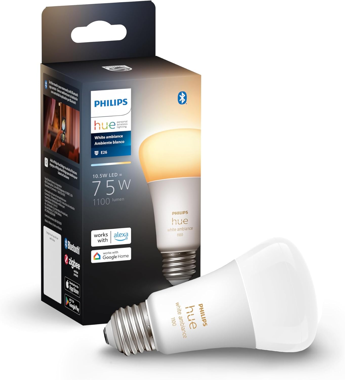 Philips Hue Smart 75W A19 LED Bulb - White Ambiance Warm-to-Cool White Light - 1 Pack - 1100LM - E26 - Indoor - Control with Hue App - Works with Alexa, Google Assistant and Apple Homekit