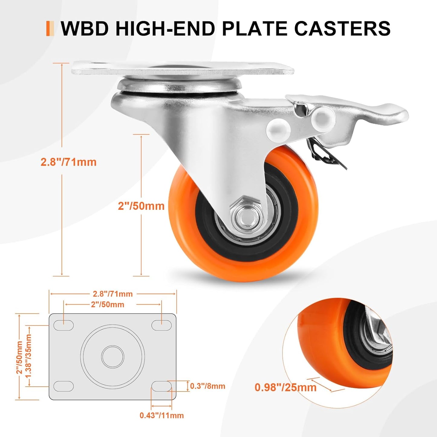 W B D WEIBIDA 5 inch Swivel Caster Wheels with Dual Locking, Heavy Duty Castors Set of 4, Silent Rolling, Top Plate Casters for Cart, Workbench, Furniture (Hardware Kits)