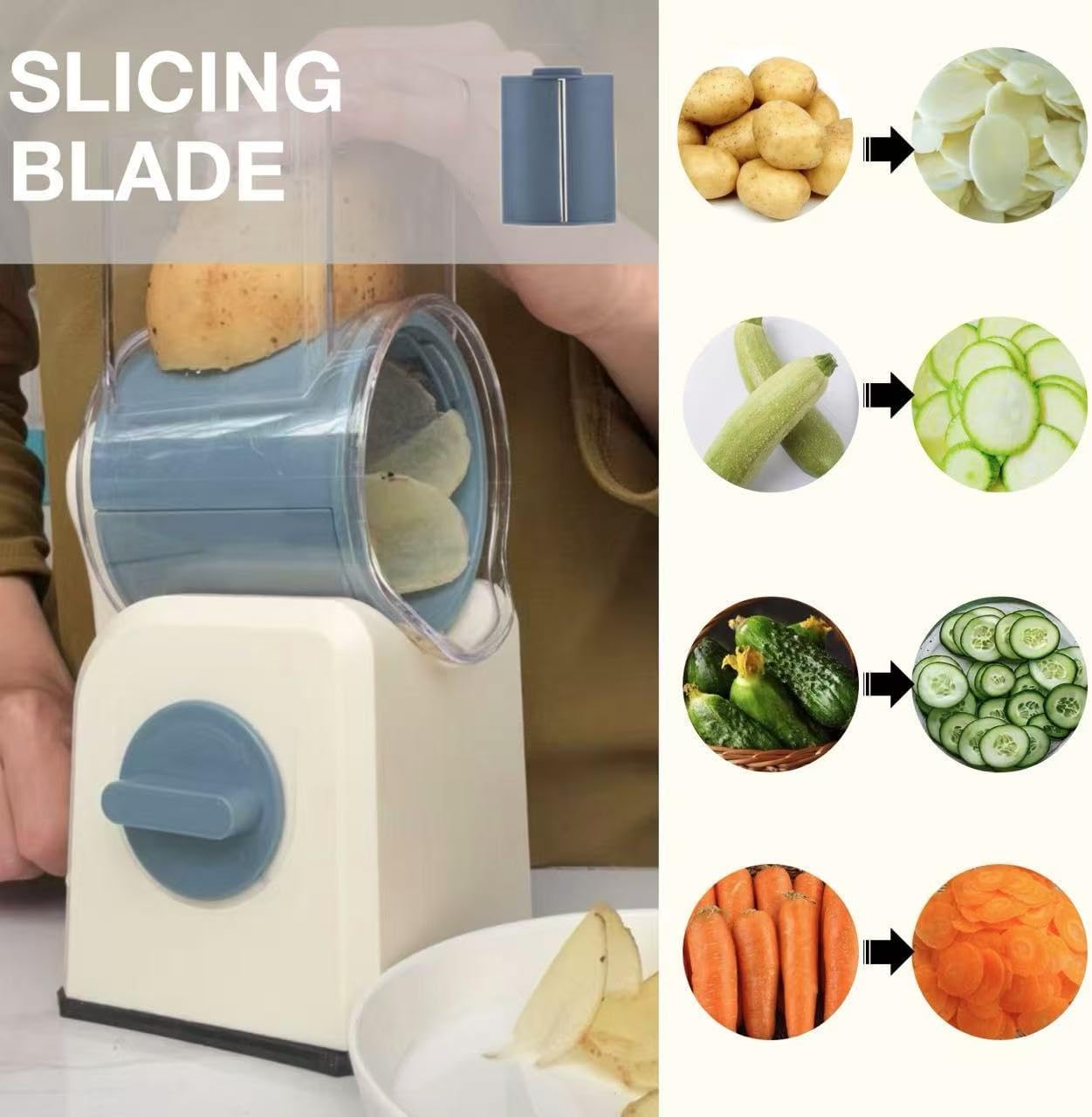 rotary cheese grater slicer with handle and suction base, stainless steel mandoline slicer with large barrel, vegetable potato slicer, nut grinder, carrot shredder, chopper, cutter
