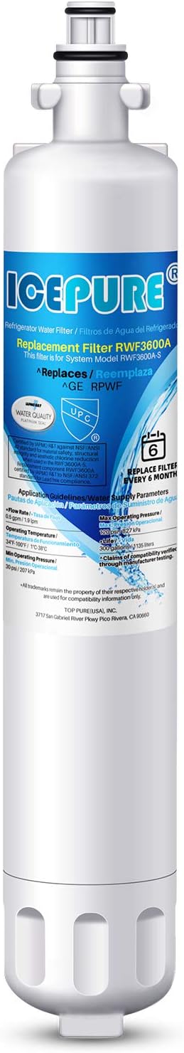 ICEPURE RPWF RWF3600A Refrigerator Water Filter Replacement For GE RPWF（𝐍𝐎𝐓 𝐑𝐏𝐖𝐅𝐄）, WATER SENTINEl WSG-4, RWF3600A, 1PACK