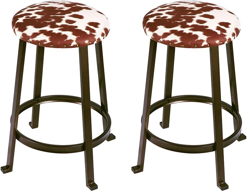 NEW - GIA 24-Inch Counter Height Round Metal Bar Stools with Shorthorn Cowhide Print Linen Upholstery, Bronze, Set of 2 - Retail $93