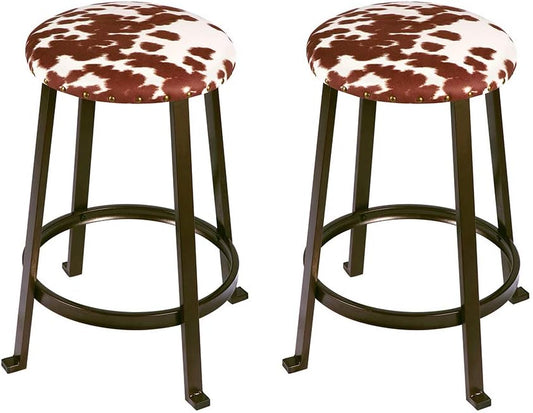 NEW - GIA 24-Inch Counter Height Round Metal Bar Stools with Shorthorn Cowhide Print Linen Upholstery, Bronze, Set of 2 - Retail $93