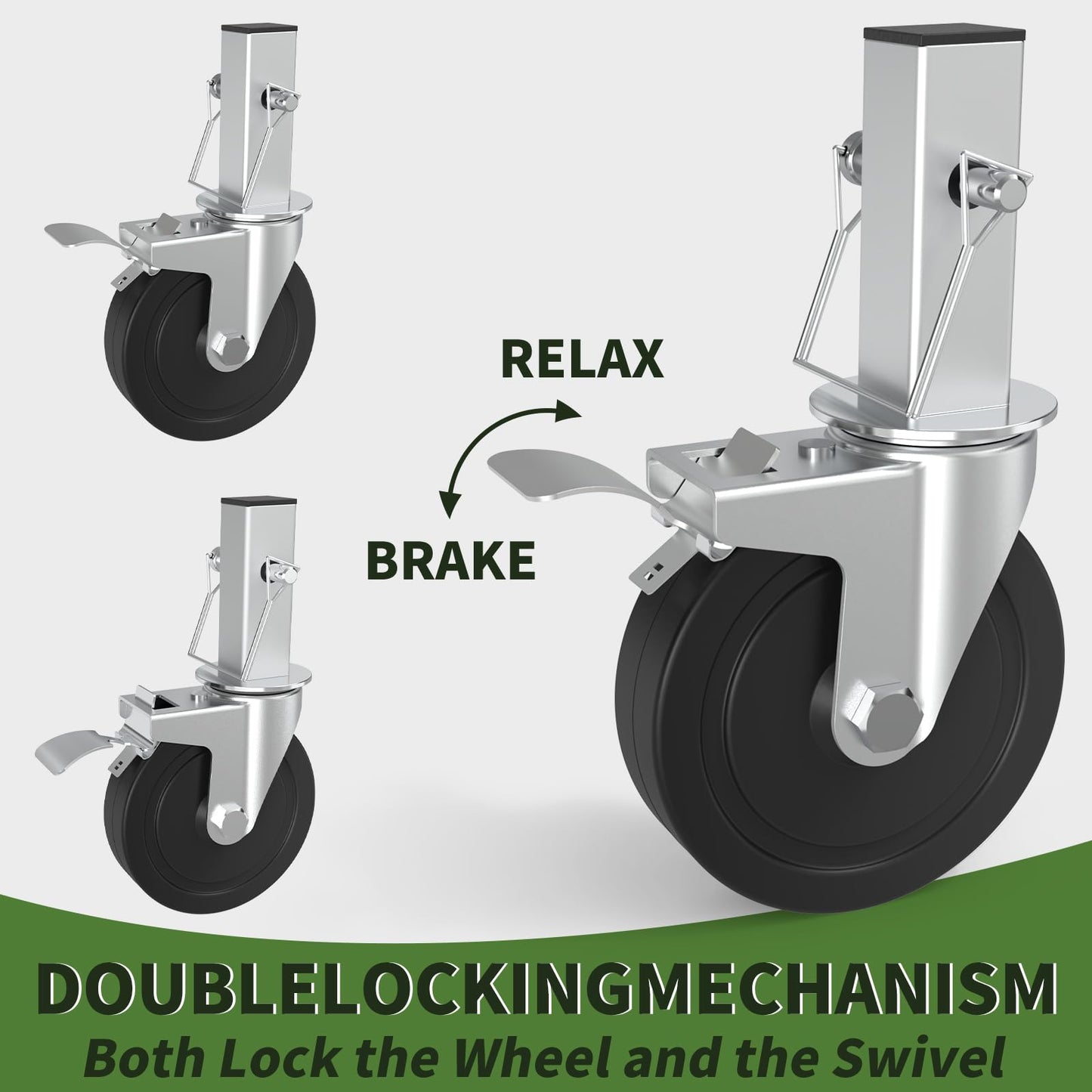 5 Inch Scaffolding Wheels, Baker Scaffold Wheels Set of 4 with Dual Locking Brakes, Scaffolding Casters 1-1/4" Square Stem Scaffolding Accessories, 440LBS Capacity per Wheel