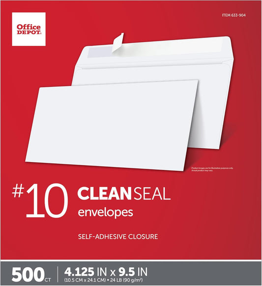 Office Depot Clean Seal(TM) Envelopes, #10 (4 1/8in. x 9 1/2in.), White, Box Of 500