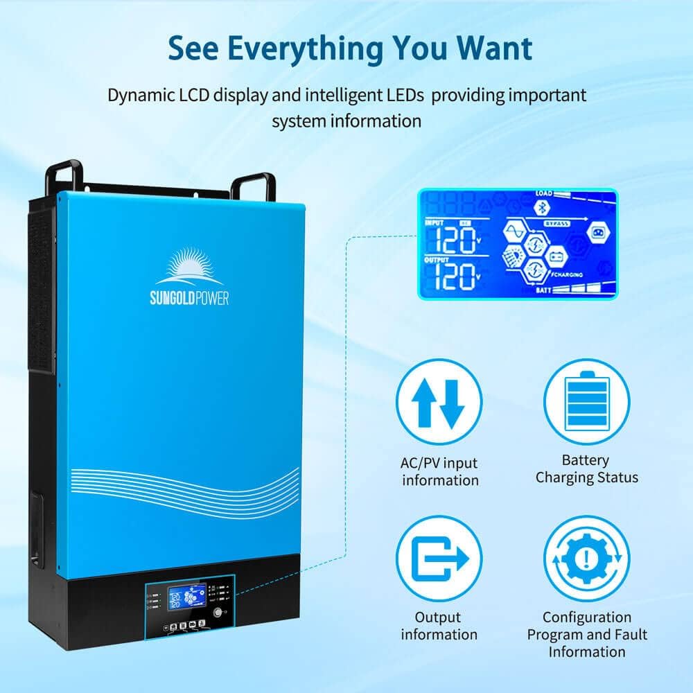 NEW - SUNGOLDPOWER 6000W 48Vdc Hybrid Solar Inverter Input 240V Output 120/240V Split Phase Pure Sine Wave Inverter MPPT 120A Solar Charger and 120A AC Charger (Grid Feedback & Batteryless) BluePower TP6048 - Retail $1365