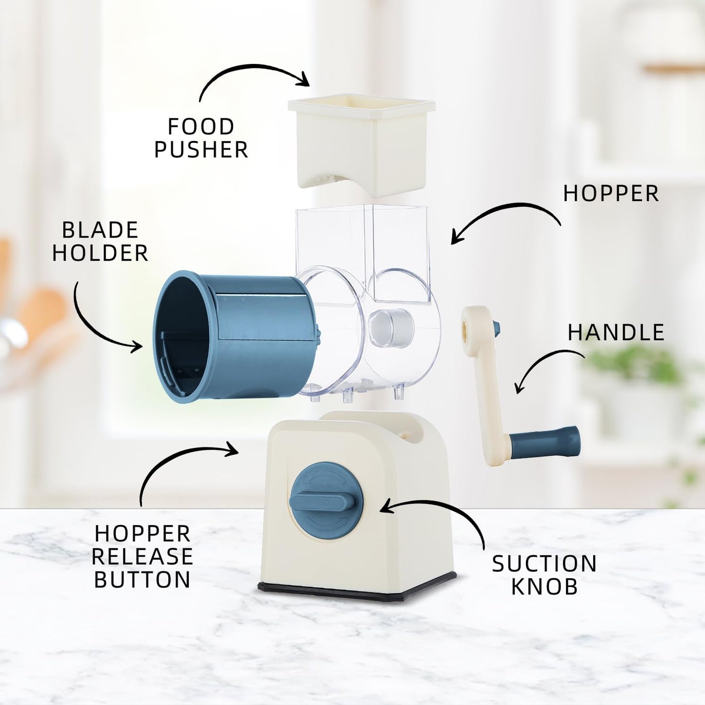 rotary cheese grater slicer with handle and suction base, stainless steel mandoline slicer with large barrel, vegetable potato slicer, nut grinder, carrot shredder, chopper, cutter