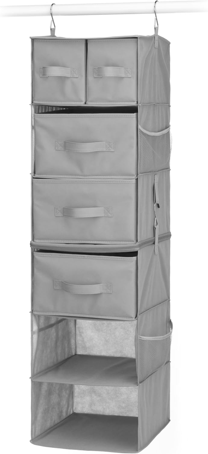 Whitmor Multi-Functional Hanging Organizer with Drawer Inserts- 5 Section - Closet Organizer - Grey