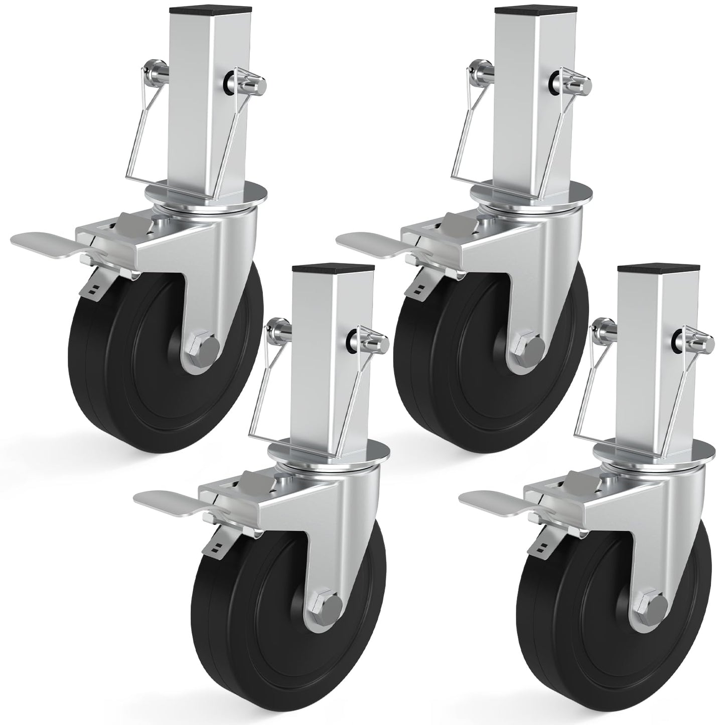 5 Inch Scaffolding Wheels, Baker Scaffold Wheels Set of 4 with Dual Locking Brakes, Scaffolding Casters 1-1/4" Square Stem Scaffolding Accessories, 440LBS Capacity per Wheel