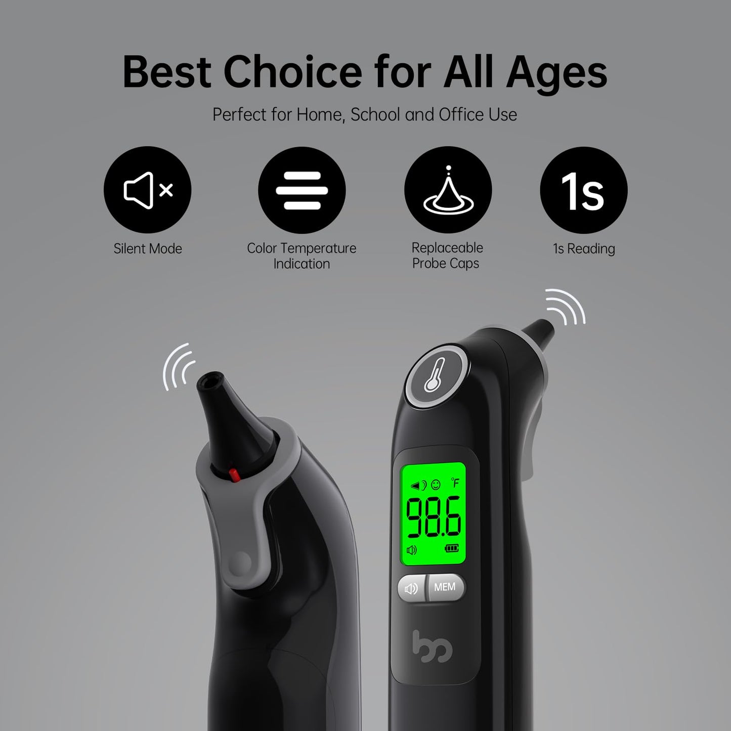 Ear Thermometer, Highly Accurate Ear Thermometer for Kids, Adults and Babies, 30 Memory Recall, 1s Result and 3-Color Fever Alert, with 24 Disposable Probe Covers, Black