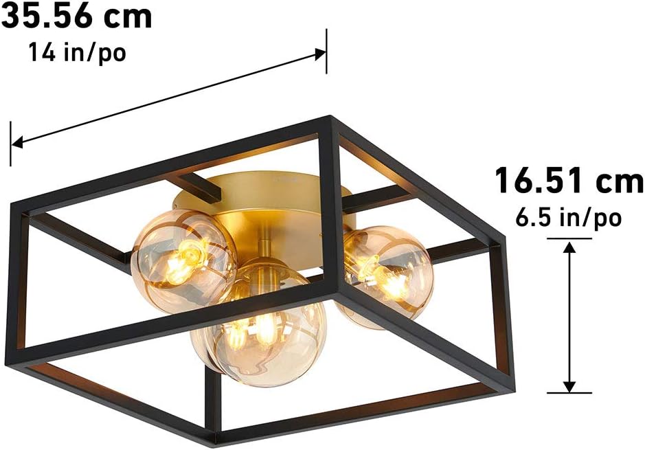 artika Griffintown Square Flush Mount with Glass Ball Shade, Black and Gold Finish Ceiling Light Fixture - Ideal for Bedroom, Hallway, Kitchen - Retail $99