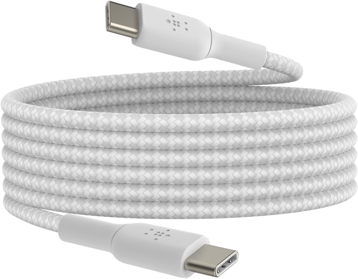 Belkin BoostCharge (1M/3.3ft) Braided USB-C to USB-C Cable for iPhone 16, iPhone 16 Pro, iPhone 16 Pro Max, Galaxy S25, S24, Galaxy Note, Pixel 9 & 8, iPad Pro, Nintendo Switch 2 & More - White