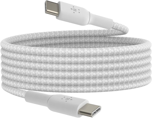 Belkin BoostCharge (1M/3.3ft) Braided USB-C to USB-C Cable for iPhone 16, iPhone 16 Pro, iPhone 16 Pro Max, Galaxy S25, S24, Galaxy Note, Pixel 9 & 8, iPad Pro, Nintendo Switch 2 & More - White