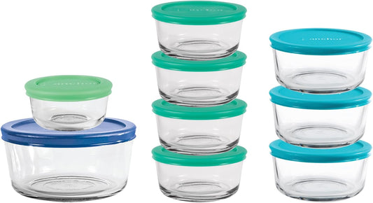 Anchor Hocking 18 Piece Glass Storage Containers with Lids (9 Glass Food Storage Containers & 9 Mixed Blue SnugFit Lids)