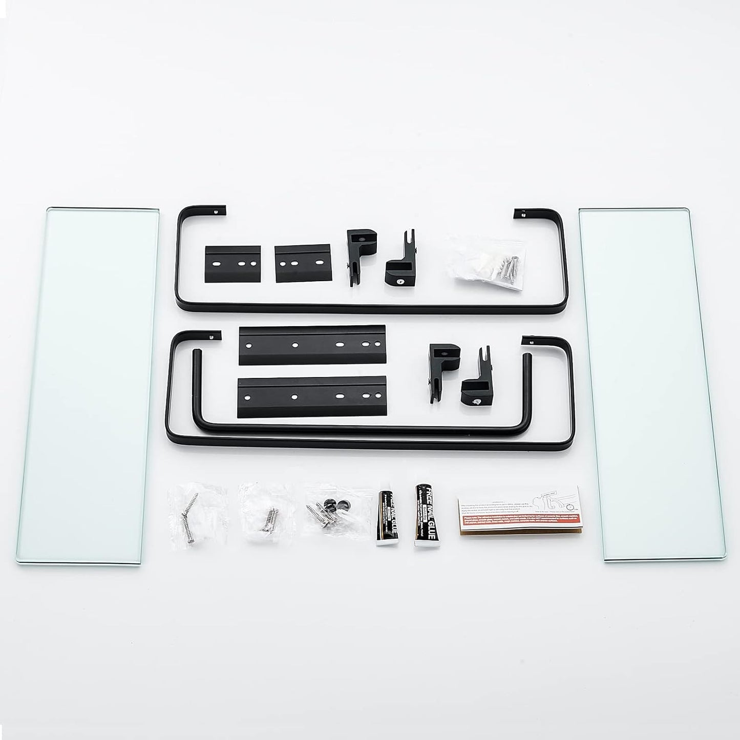 Ddtohan 15.7 Inches Glass Bathroom Shelf, Floating Shelves with Rail and Towel Bar, 2- Tier 8mm Thick Tempered Glass Wall Mounted Shower Storage for Bathroom, Office, Laundry Room - Retail $20