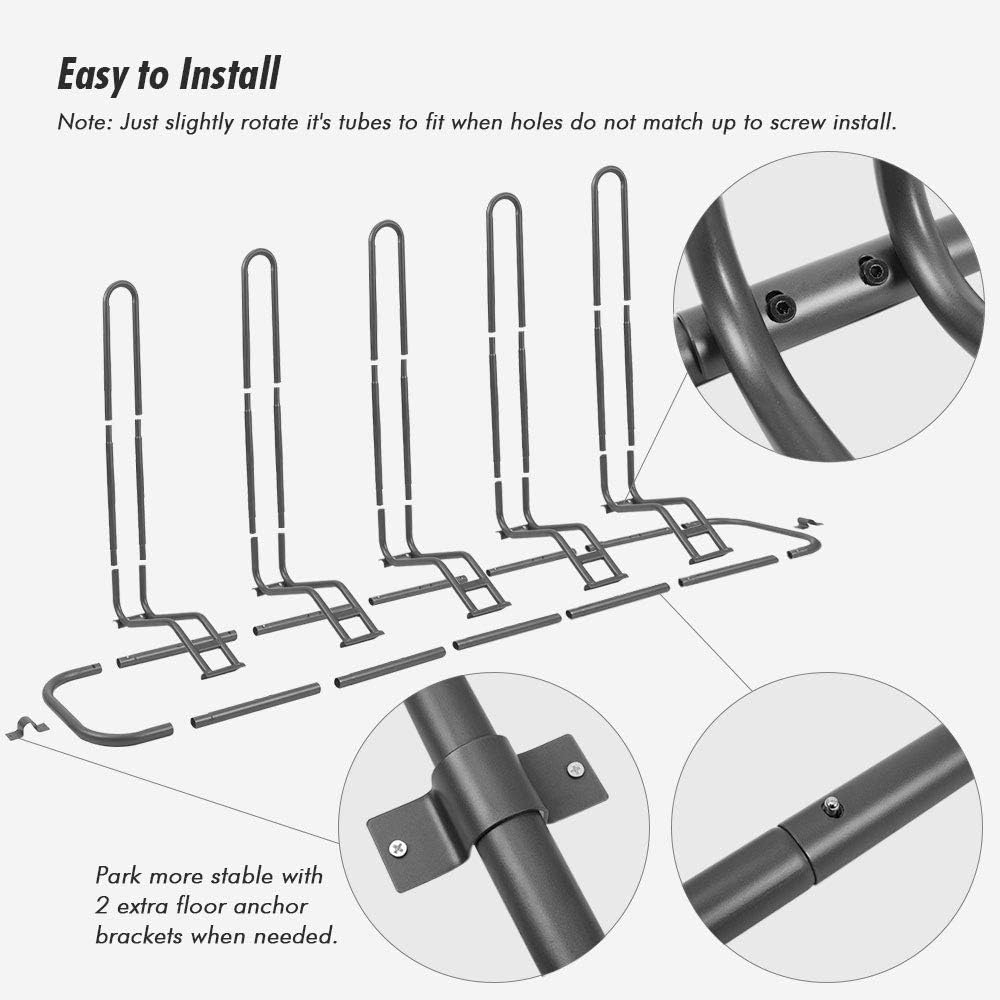 Ikkle Bike Parking Stand, Bike Rack Bicycle Floor Parking Stand for 5 Bikes, Adjustable Dual Purposes Bike Storage Holder for Garage, 2 Extra Floor Anchor Brackets Available, Indoor & Outdoor - Retail $79