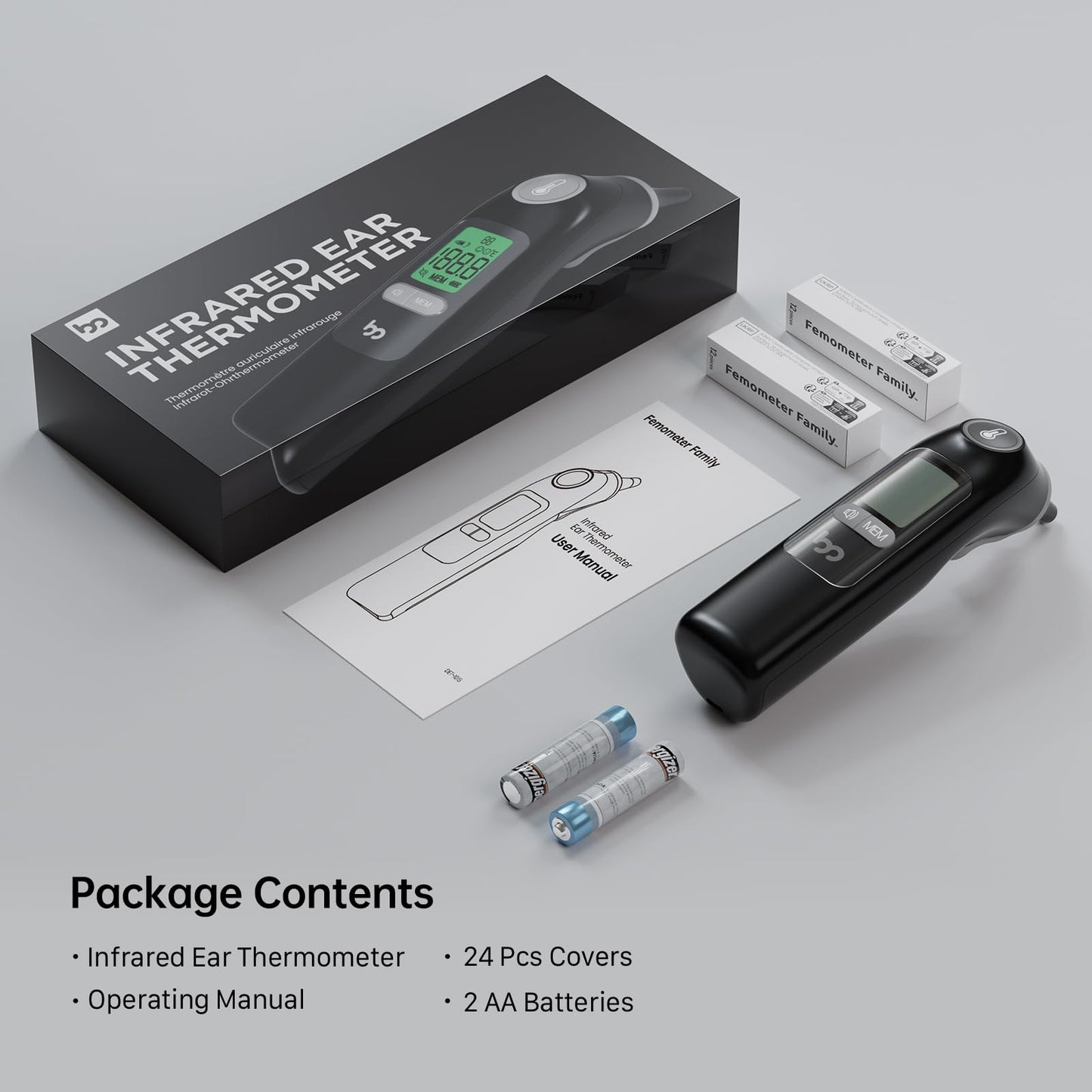 Ear Thermometer, Highly Accurate Ear Thermometer for Kids, Adults and Babies, 30 Memory Recall, 1s Result and 3-Color Fever Alert, with 24 Disposable Probe Covers, Black