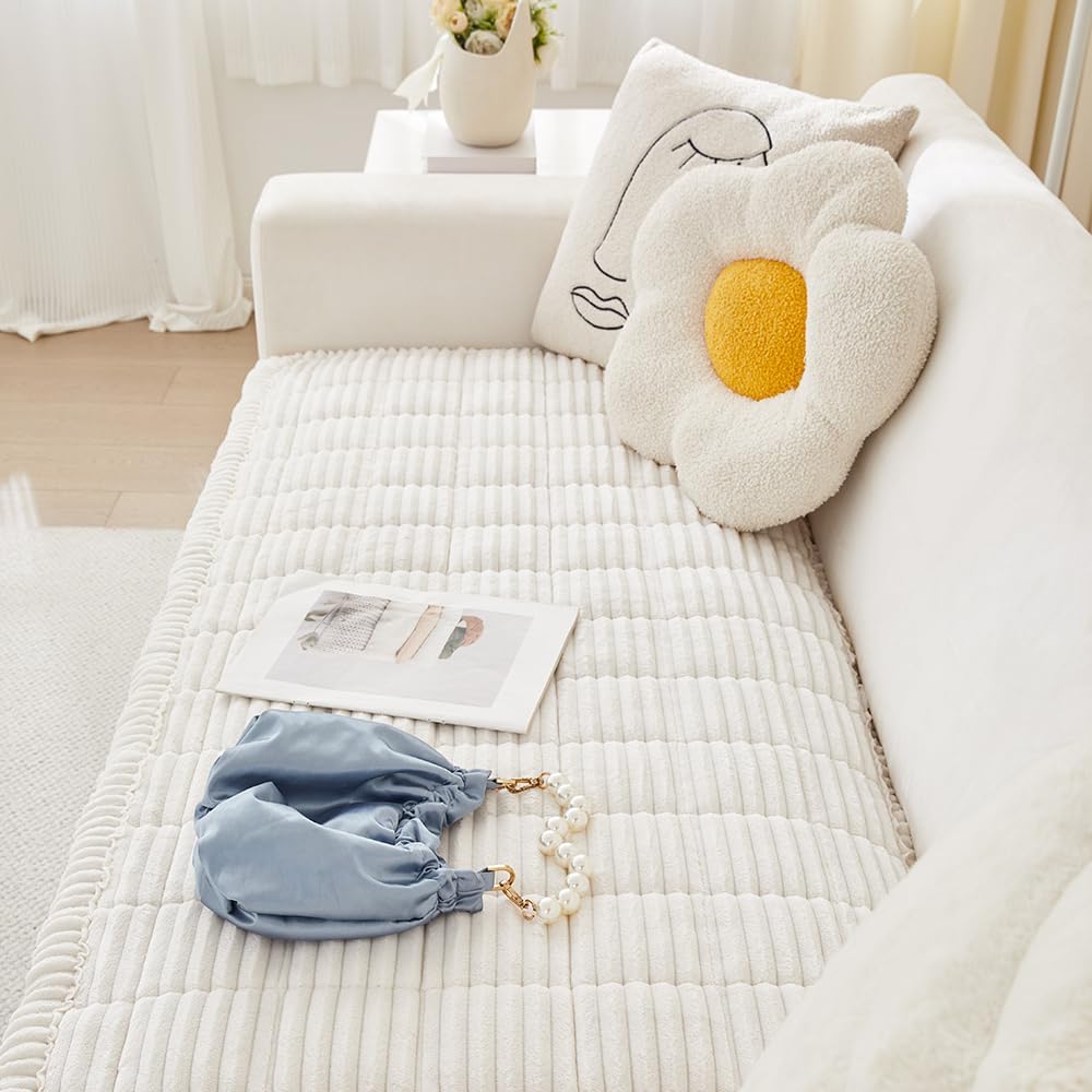 Couch Cover for Dogs Washable, Fuzzy Pet Couch Covers for 3 Cushion Sofa Pet Friendly, Non Slip Sofa Cover (White, 27.6" x 82.7"/70 x 210cm)