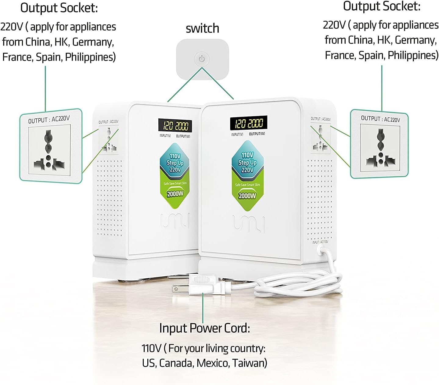 UMI 2000W Step Up Voltage 110v to 220v Converter, Voltage Converter 110v to 220v for Large Capacity Device Up to 4000W, Step Up Converter 110v to 220v with Pure Copper Coils- Transformer 110v to 220v