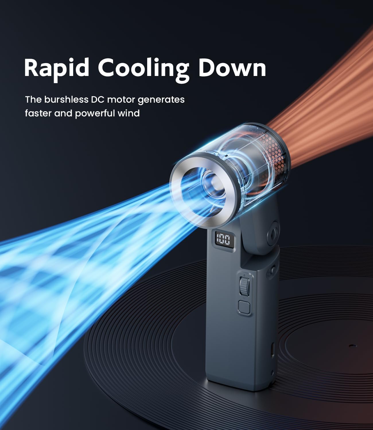 Portable Handheld Fan, 4000mAh Battery Operated Rechargeable Personal Fan, LED Display, 0-100 High Speed, Lightweight, Foldable Design, Hand/Desk/Neck 3 in 1 Cooling for Travel, Women, Man-Blue