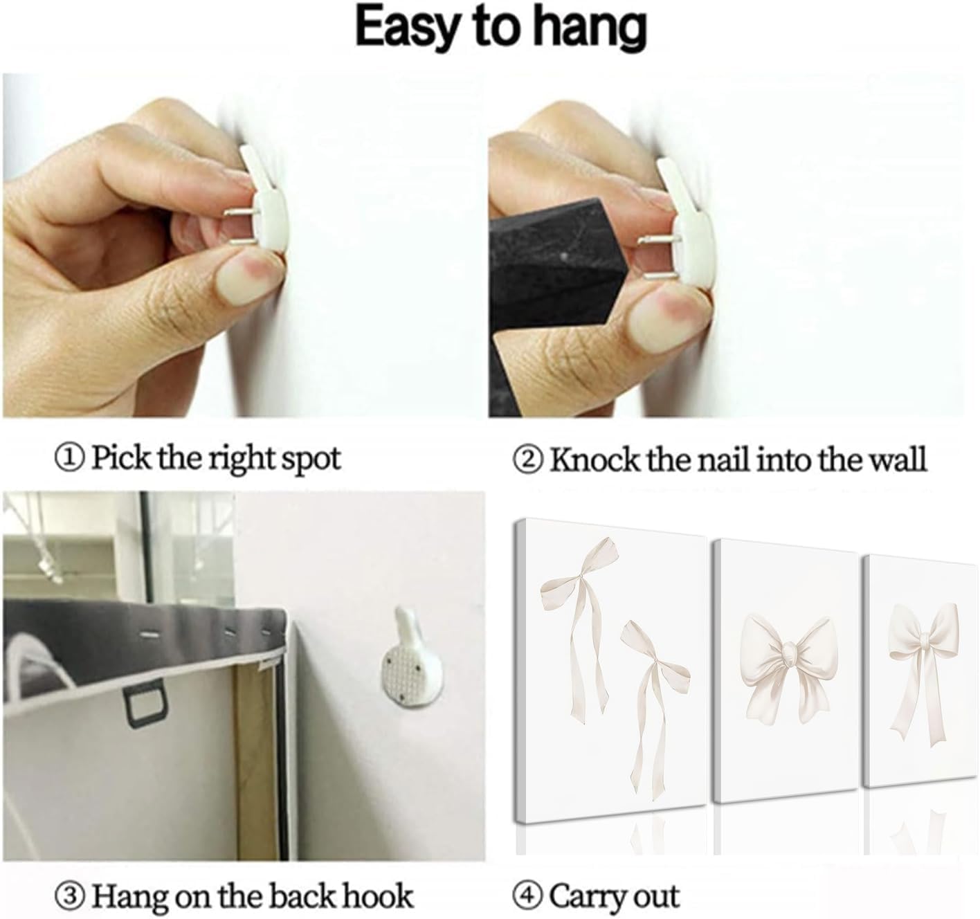 Djmwtb Preppy Bow Canvas Wall Art Beige Coquette Poster Prints Set of 3 Girly Apartment Aesthetic Pictures College Dorm Painting Decor for Girls Bedroom 16x24in Framed