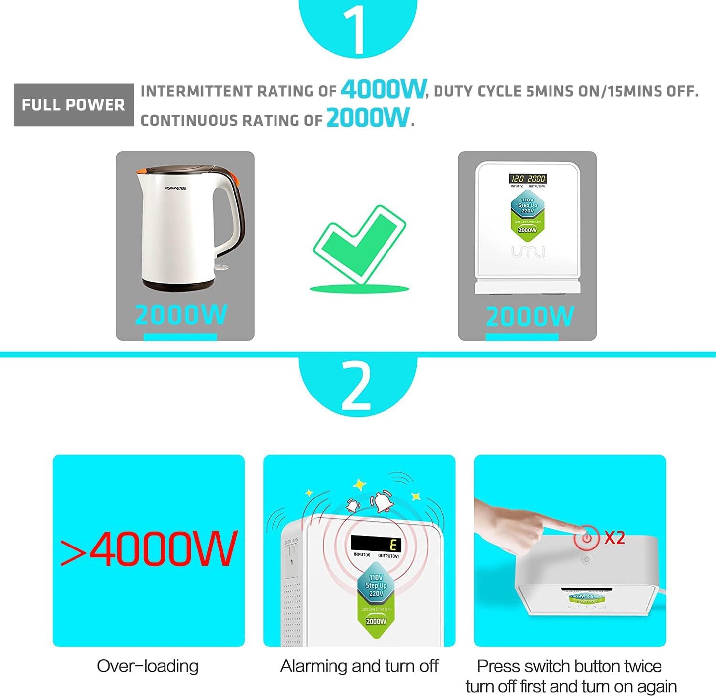 UMI 2000W Step Up Voltage 110v to 220v Converter, Voltage Converter 110v to 220v for Large Capacity Device Up to 4000W, Step Up Converter 110v to 220v with Pure Copper Coils- Transformer 110v to 220v