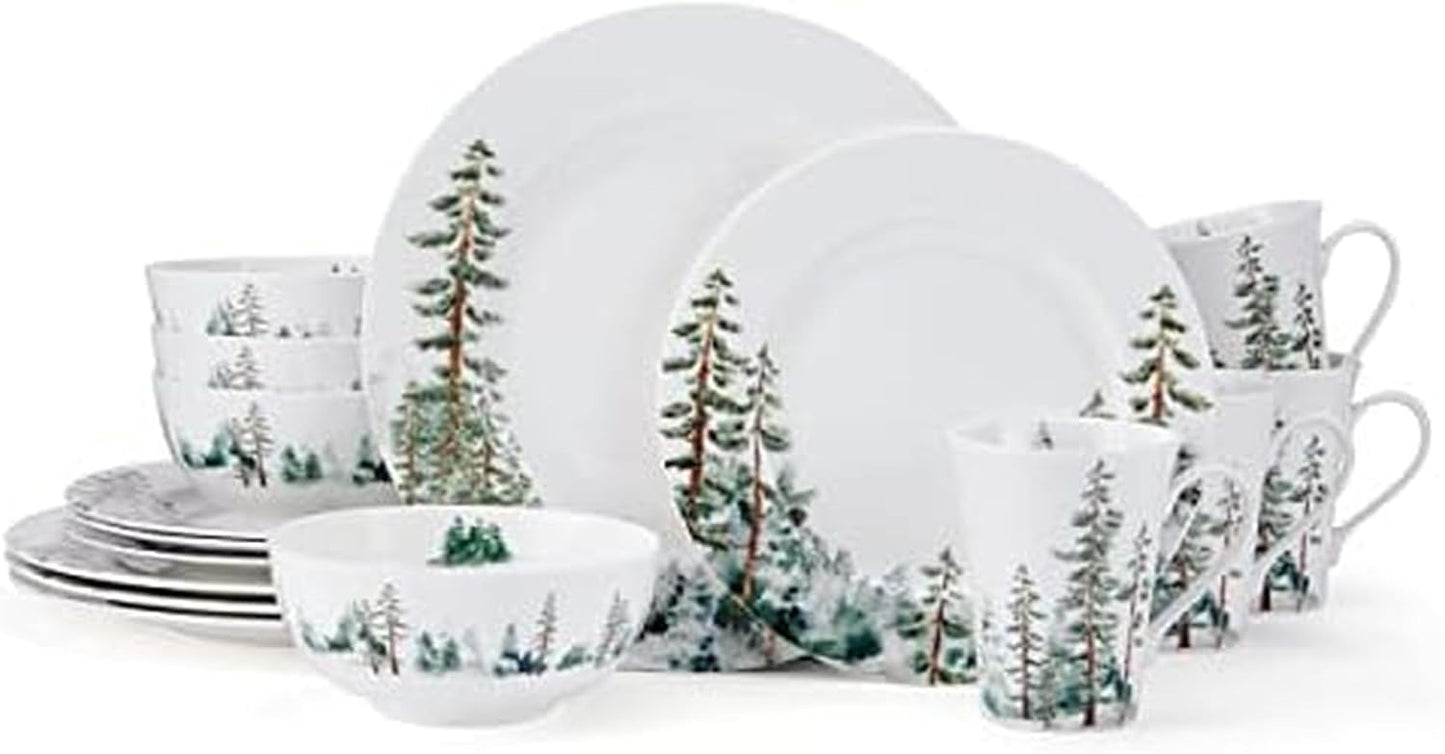 Mikasa Watercolor Forest Bone China Lightweight Chip Resistant 16 Piece Dinnerware Set, Service for 4, White