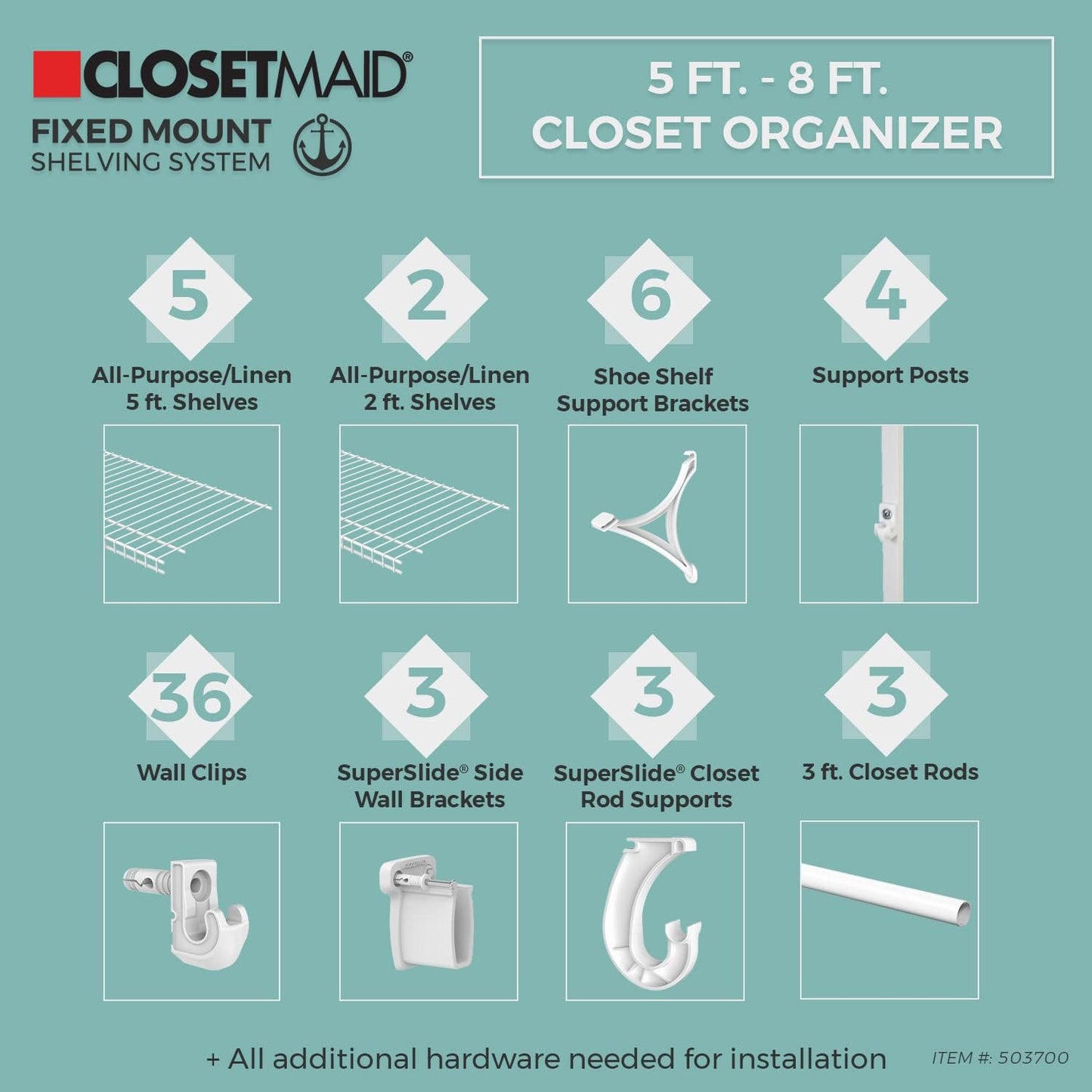 ClosetMaid - SuperSlide 5'-8',  12.9" x 96" x 86.3" Wire Steel Closet System Kit - Retail $129
