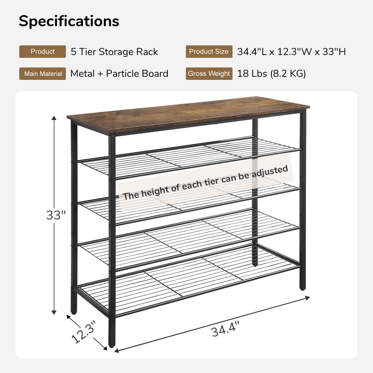 NEW - HQXING 5-Tier Shoe Rack Organizer, Metal Mesh Shoe Storage Shelf, for Entryway, Hallway, Closet, Dorm Room, Industrial, Rustic Brown - Retail $65