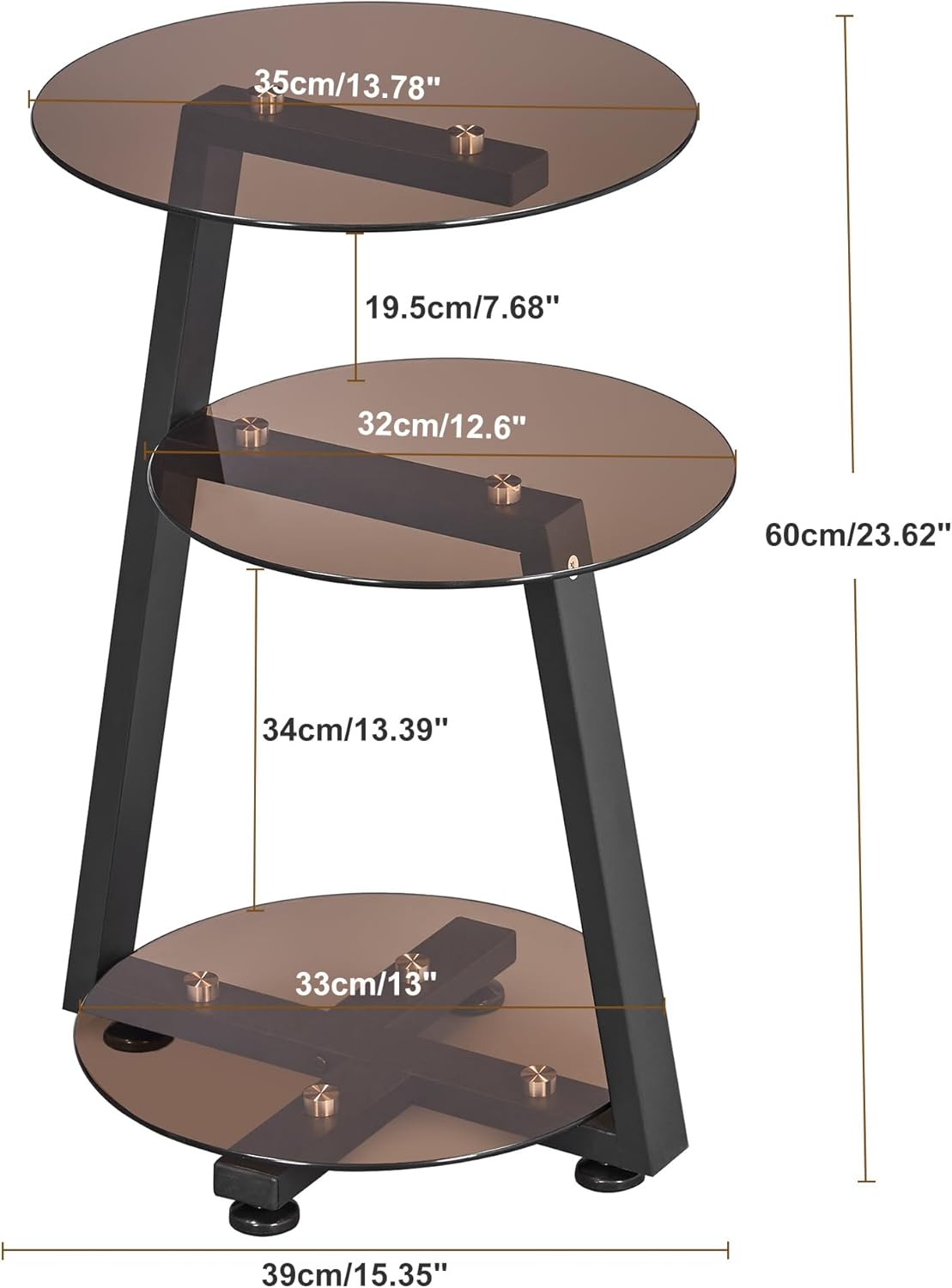 BEWISHOME Round End Table Tempered Glass Side Table with Metal Frame, Accent Table Nightstand Bedside Table with 3-Tier Shelves, Small Table for Living Room Bedroom Small Round Table Tawny KTZ41S