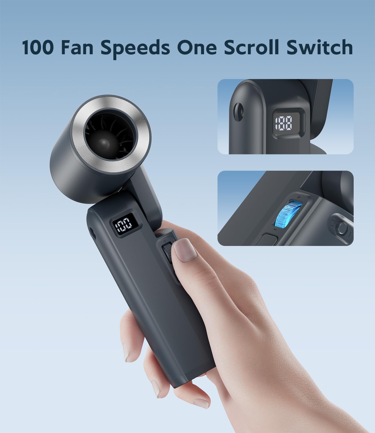 Portable Handheld Fan, 4000mAh Battery Operated Rechargeable Personal Fan, LED Display, 0-100 High Speed, Lightweight, Foldable Design, Hand/Desk/Neck 3 in 1 Cooling for Travel, Women, Man-Blue