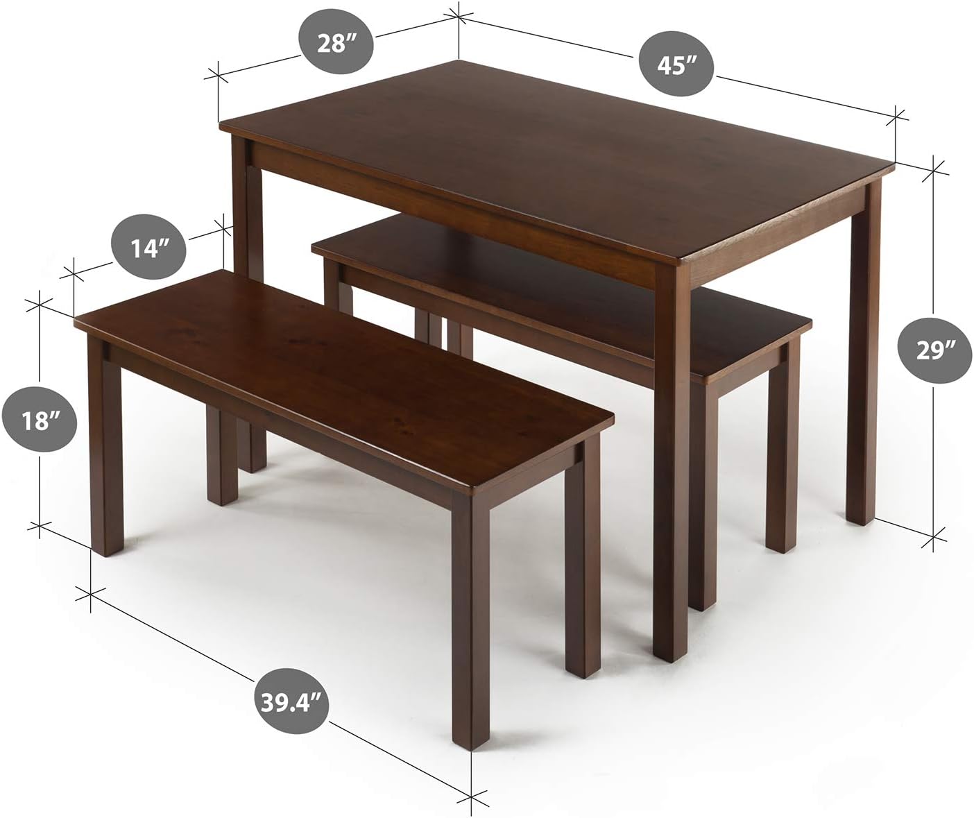 NEW - Zinus Juliet Espresso Wood Dining Table, Two Benches, Table and Bench Set - Retail $177