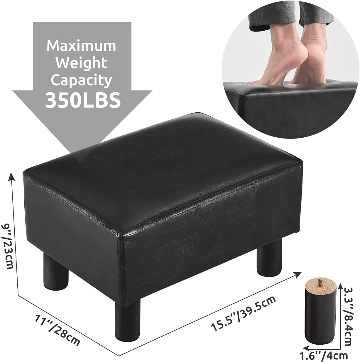 NEW - 16 inches Footstool Ottoman with 4 Stable Wooden Legs, Small Under Desk Footrest, Black PU Faux Leather Step Stool with Padded Seat for Living Room Bedroom - Retail $35