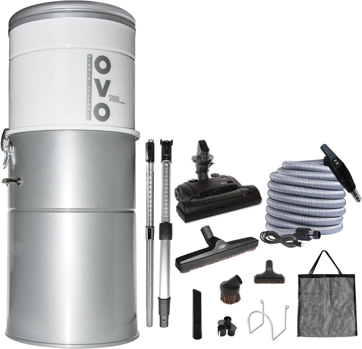 OVO Unit Heavy Duty Powerful Central Vacuum System, Hybrid Filtration (with or Without Disposable Bags) 35L or 9.25Gal, 700 Air watts with 40 ft Carpet Deluxe Accessory Kit, Silver